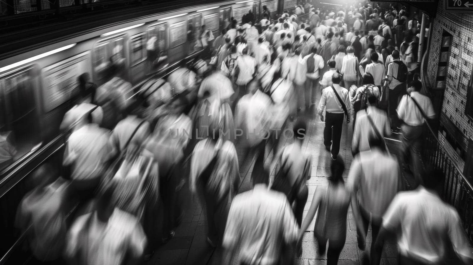 A group of people walking down a subway platform with the train coming