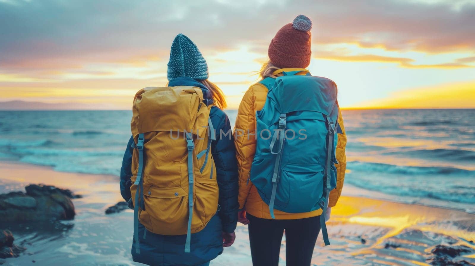 Two people with backpacks standing on a beach at sunset