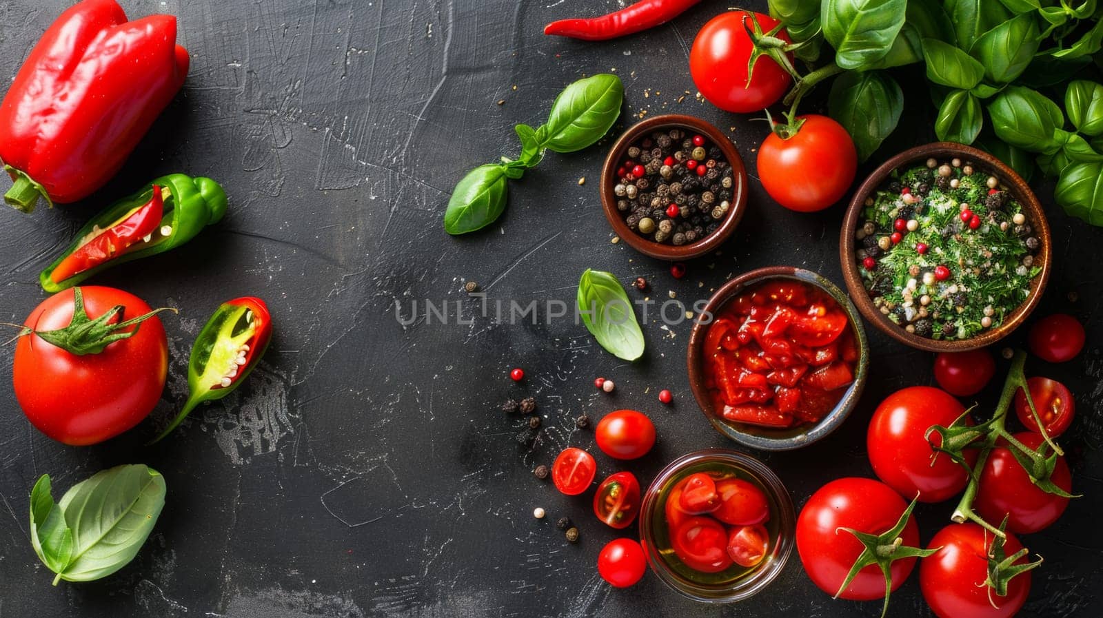 A table with a variety of different types of tomatoes and herbs