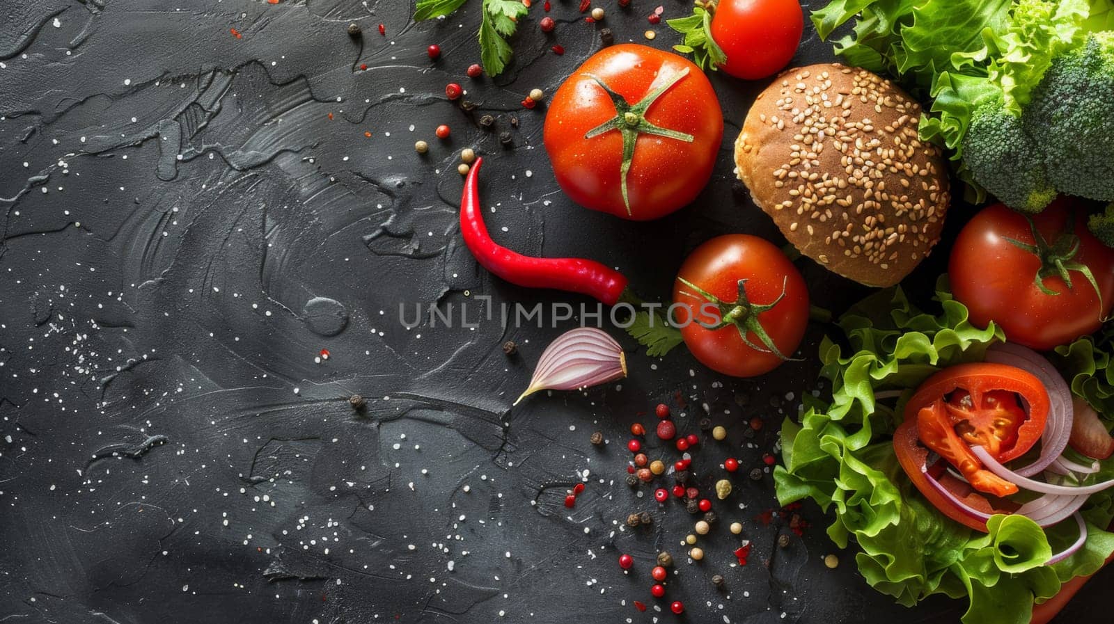 A close up of a burger, tomatoes and other vegetables on the table
