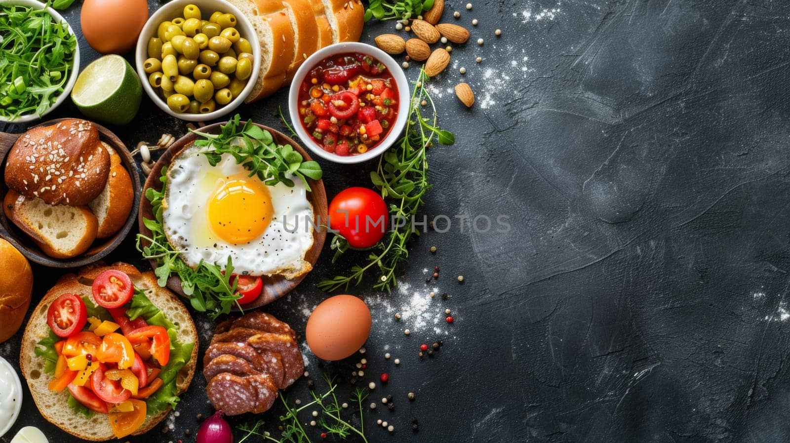 A table with a variety of foods and drinks on it