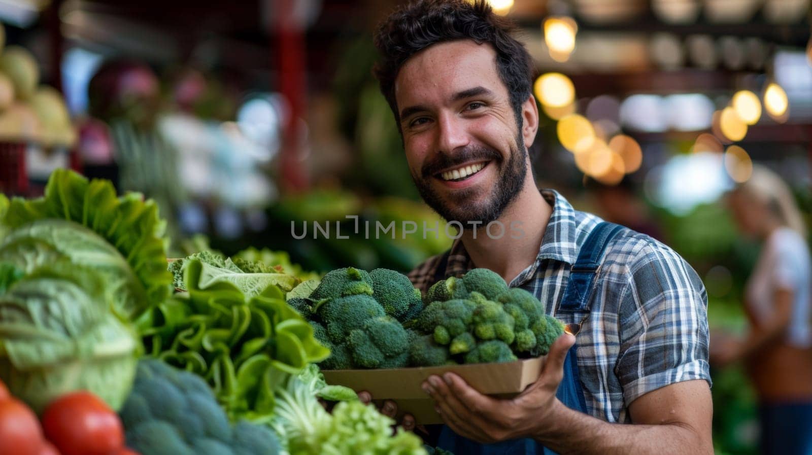 A man smiling while holding a box of broccoli in the produce section