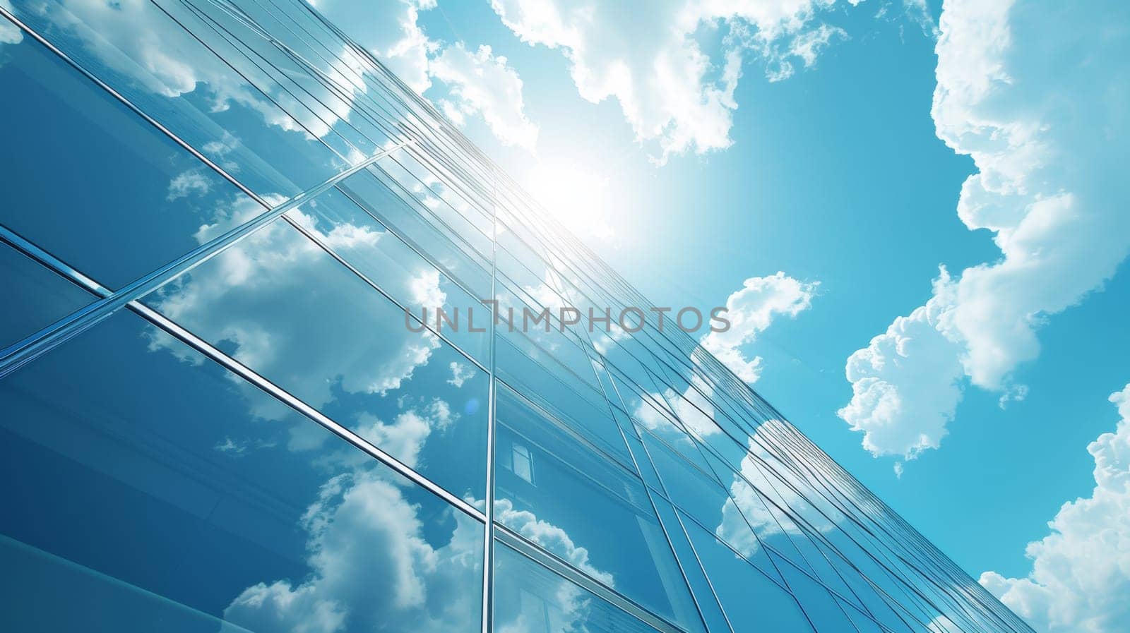 A picture of a building with clouds and the sun in it
