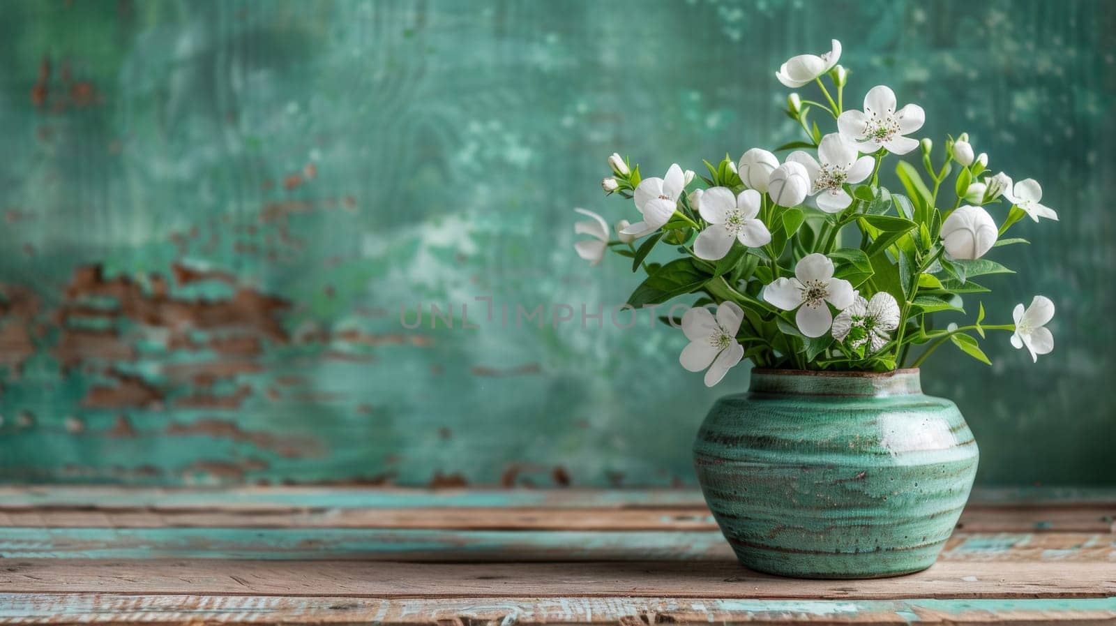 A vase with white flowers on a wooden table against green wall