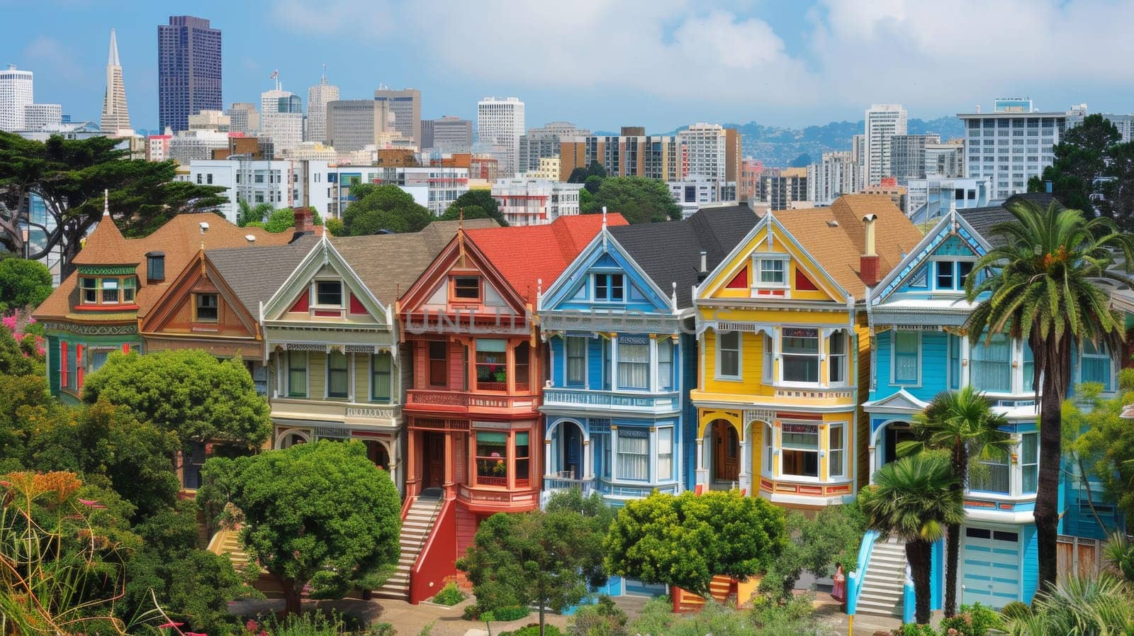 A row of colorful houses sit on a hillside in san francisco
