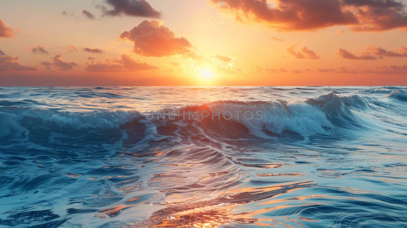 A sunset over the ocean with a wave breaking on it