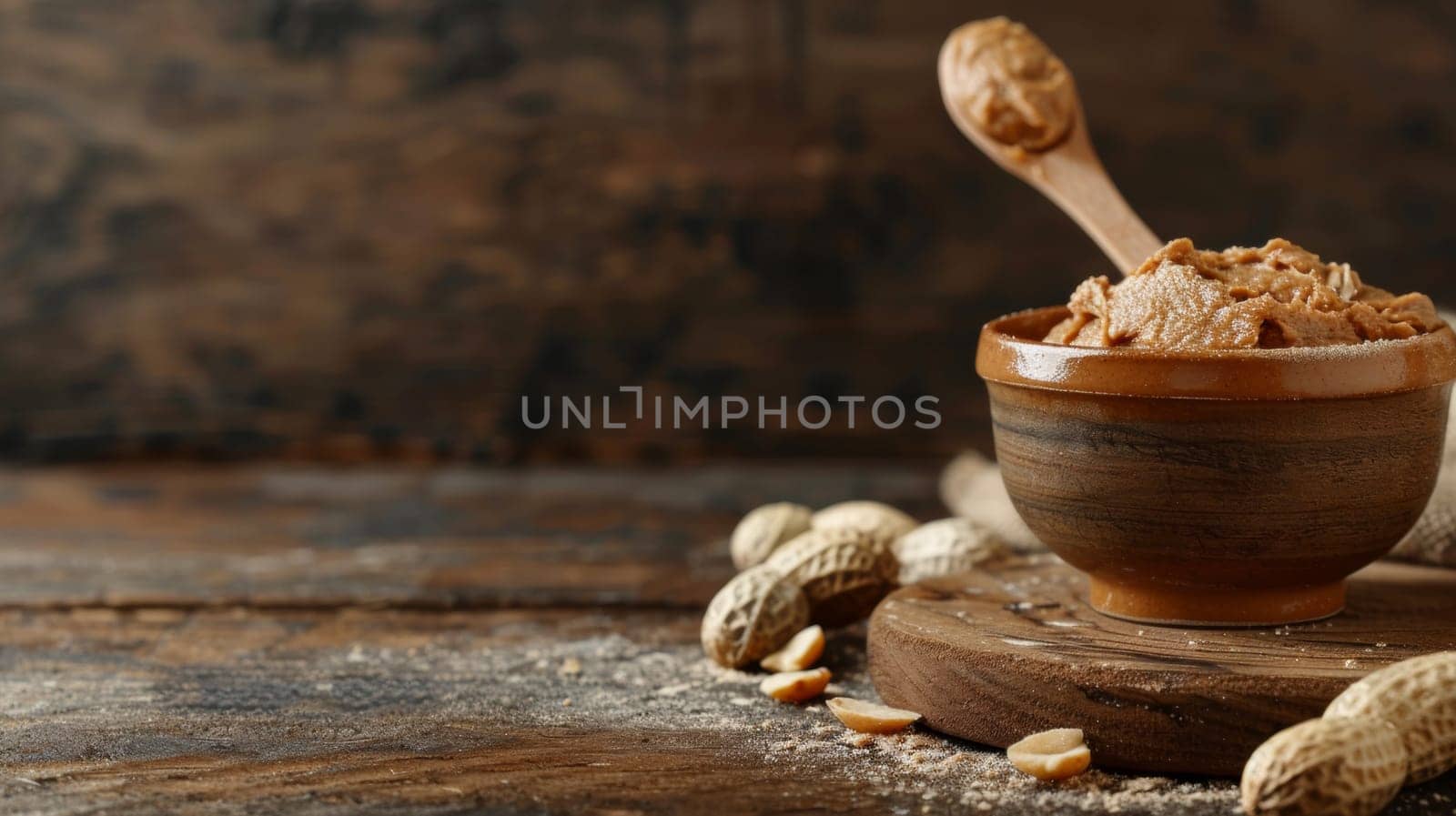 A peanut butter in a wooden bowl with peanuts on top