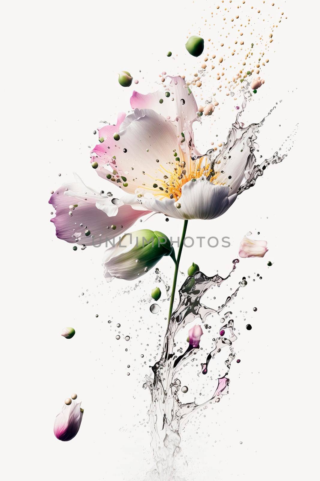 Flowers splash beautiful postcard or place for a subject. Generative AI,
