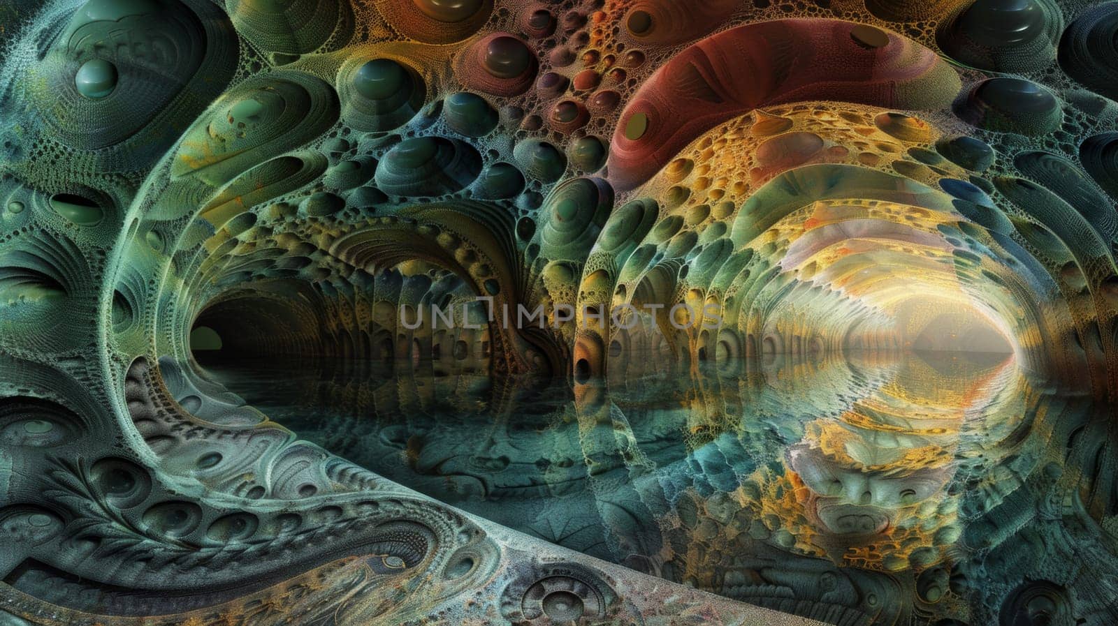 A very abstract painting of a tunnel with many different colors