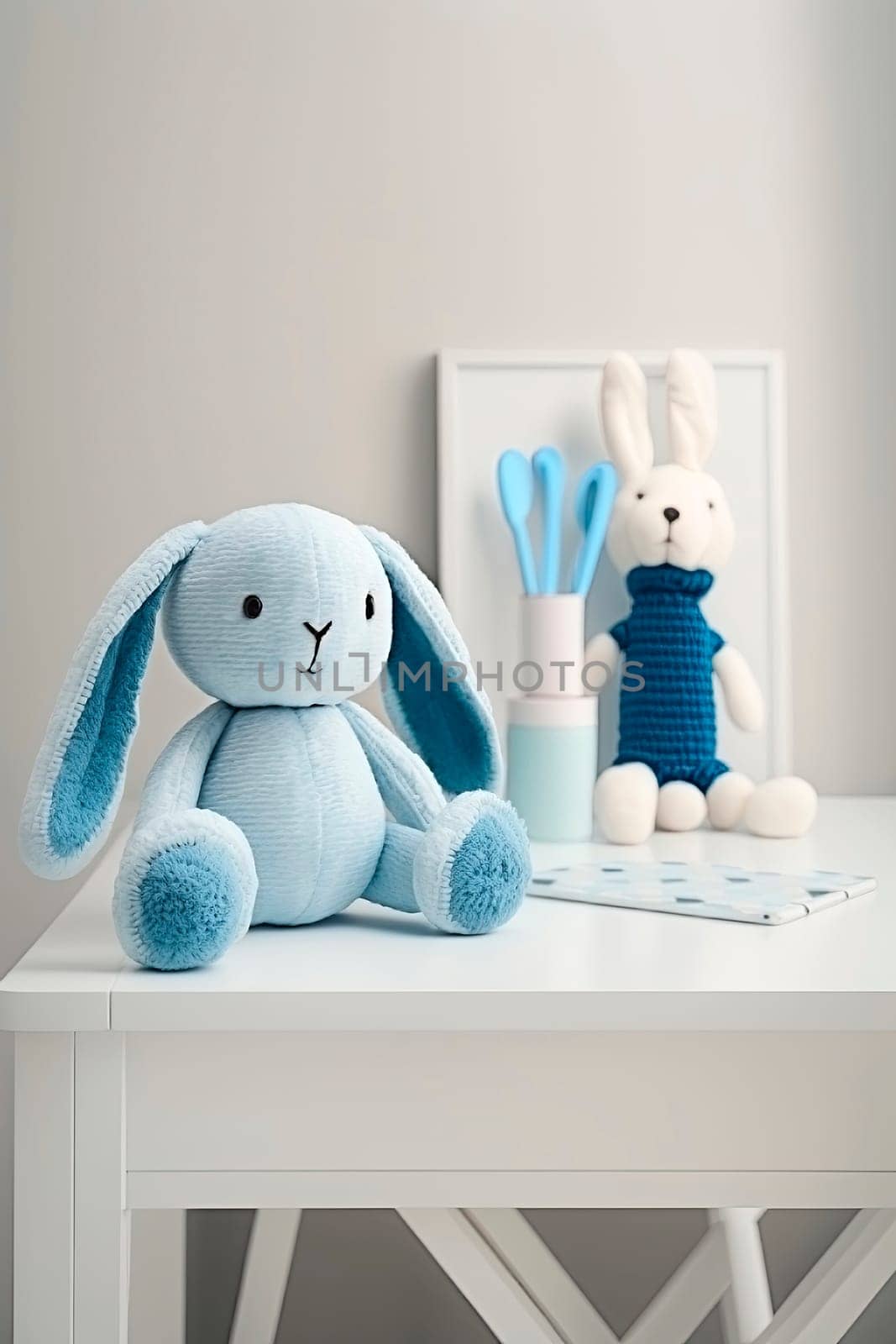 table with a plush toy hare in the baby room. by yanadjana