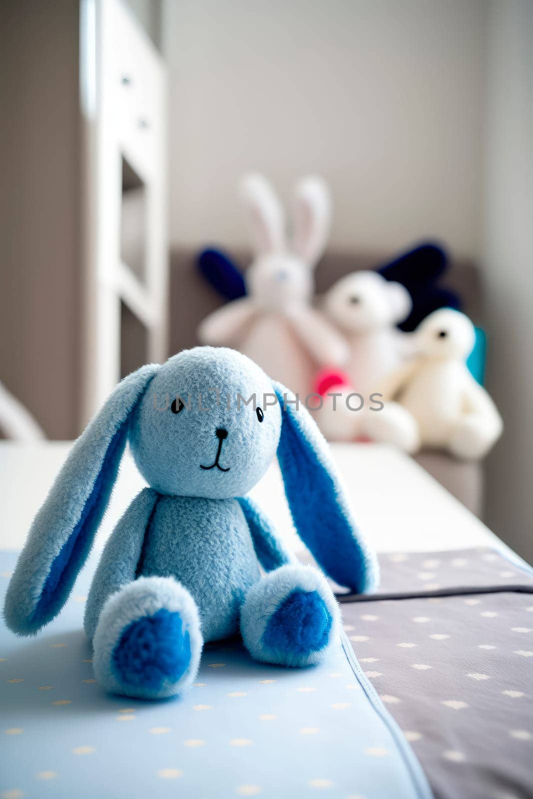 table with a plush toy hare in the baby room. by yanadjana
