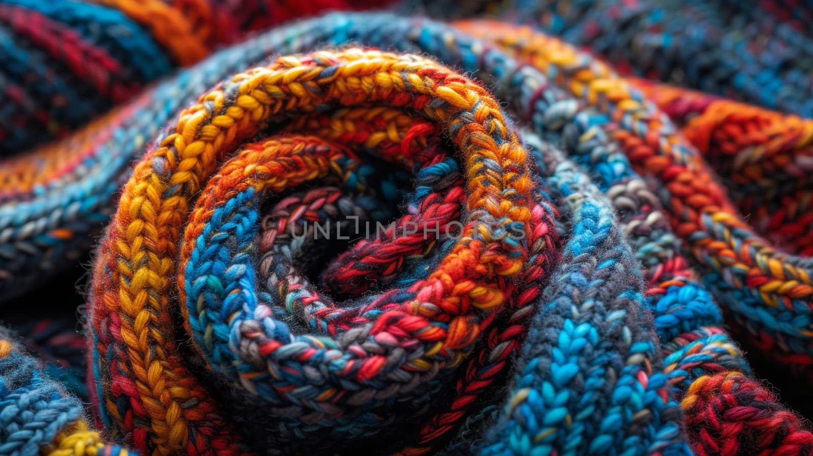A close up of a colorful yarn that is wrapped around itself