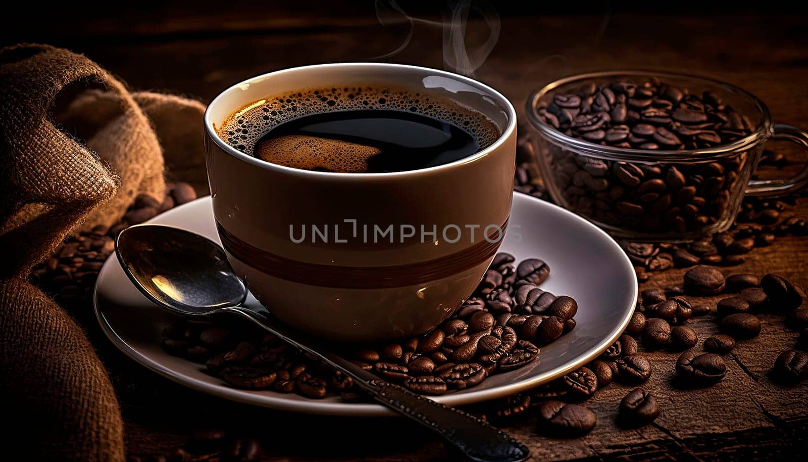 coffee cup next to the image of coffee beans. by yanadjana
