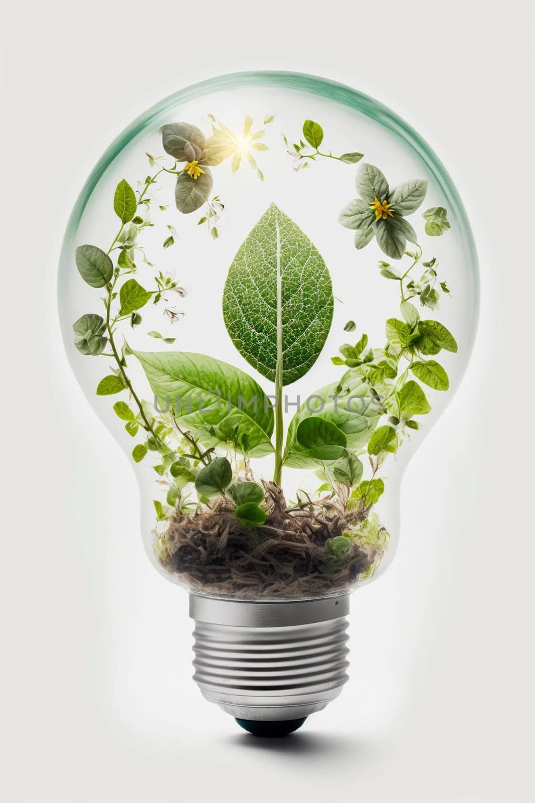 Light bulb with plant leaves. Green energy. Generative AI,