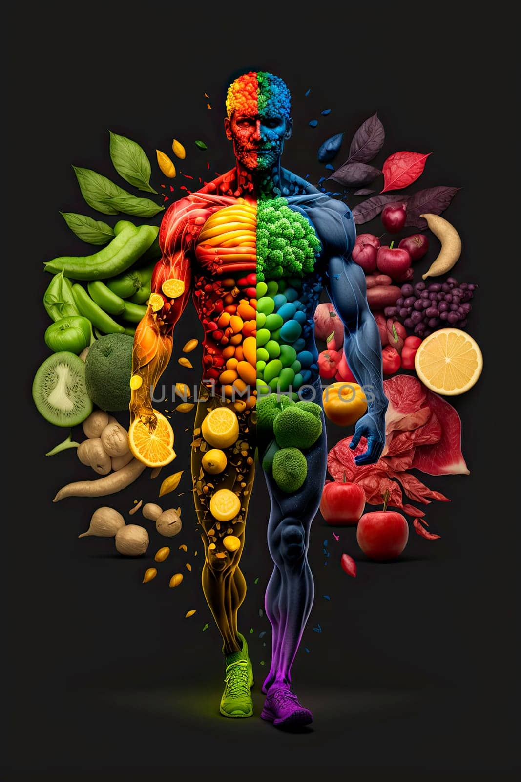 Man is made of vegetables and fruits. The concept of a vegan lifestyle, healthy eating. by yanadjana