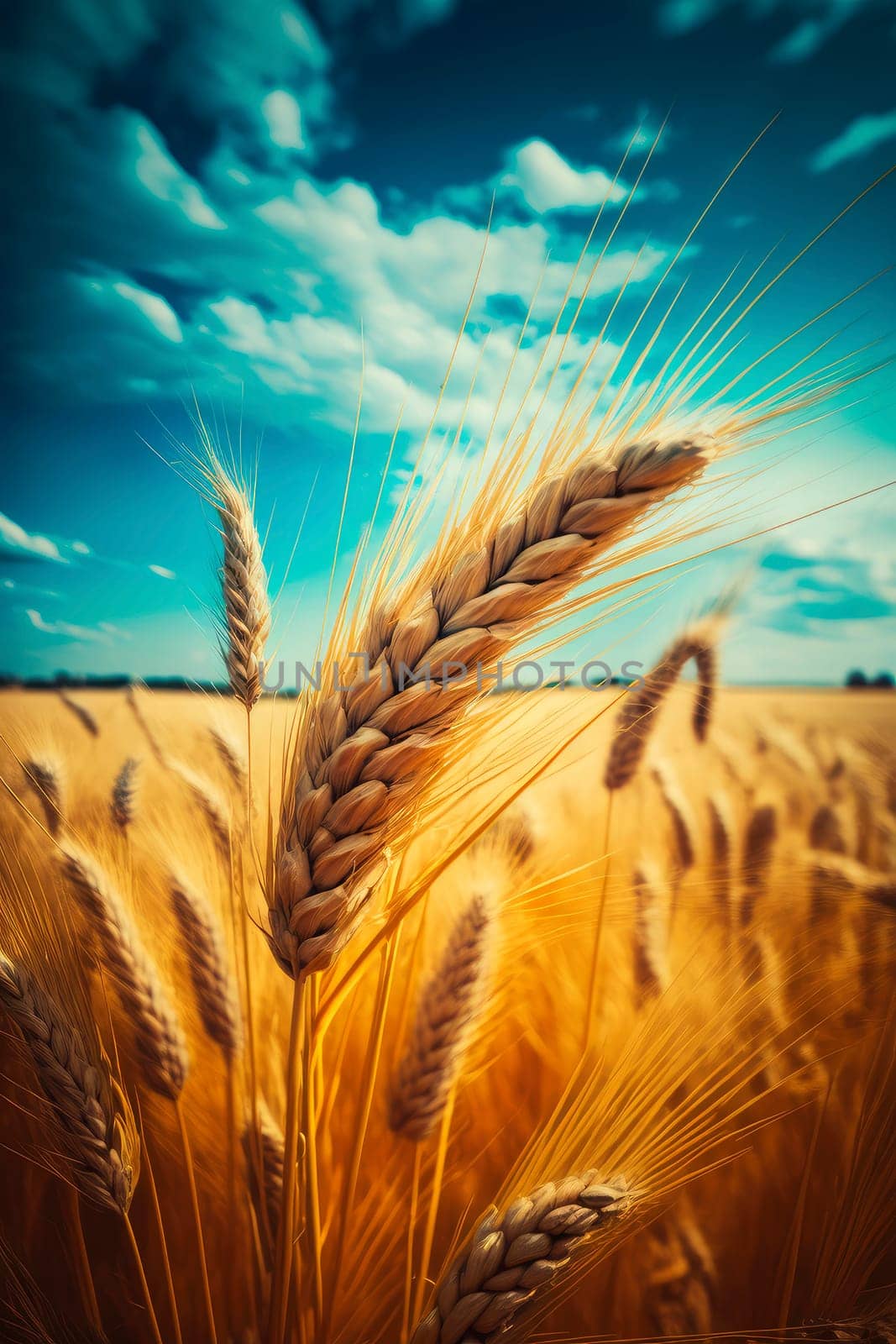 Wheat field yellow spikelets and sky. Generative AI,