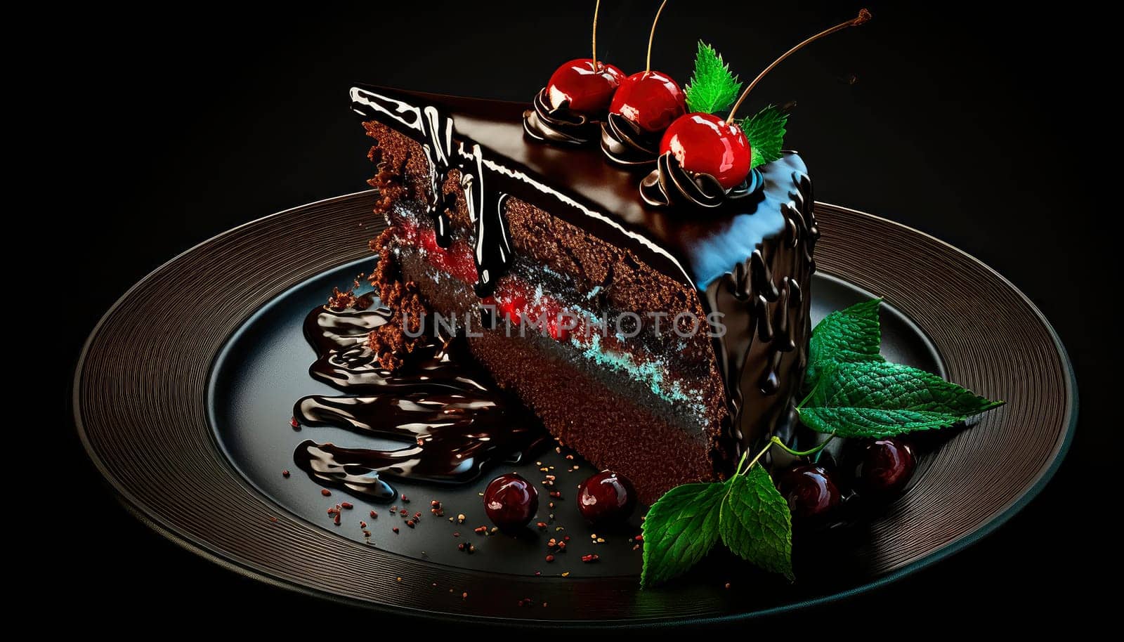 cake biscuit black cake piece of cherry on a dark black background. Generative AI,