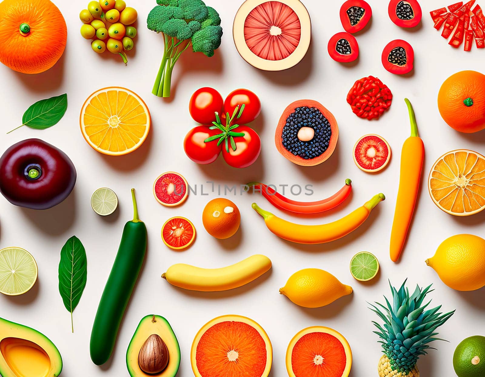 Fresh fruits and vegetables, healthy food, isolated flat lay. by yanadjana