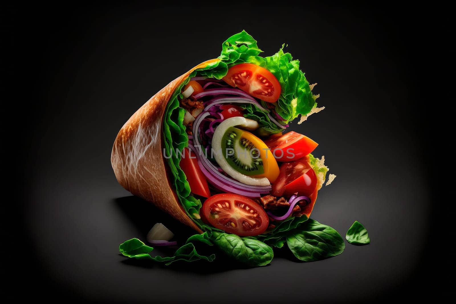 kebab wrap, product studio photo, dark black background, fresh salad tomato onion, illustration by yanadjana