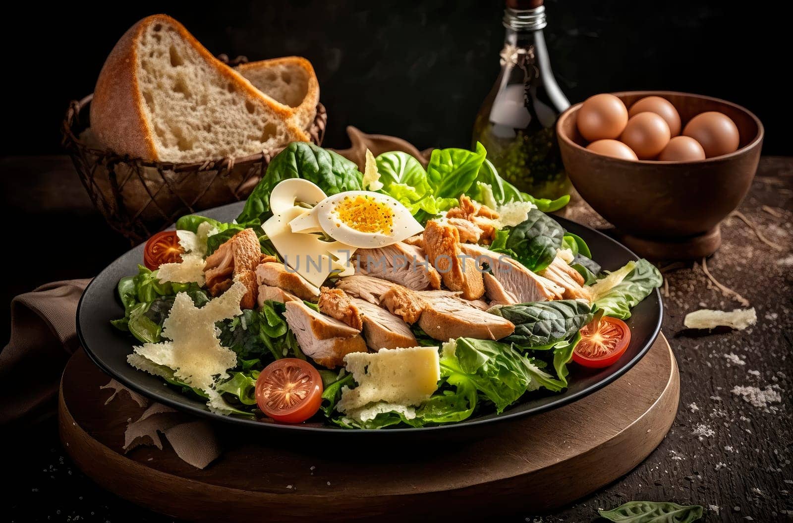 caesar salad with chicken studio photo of products, dark black background. by yanadjana
