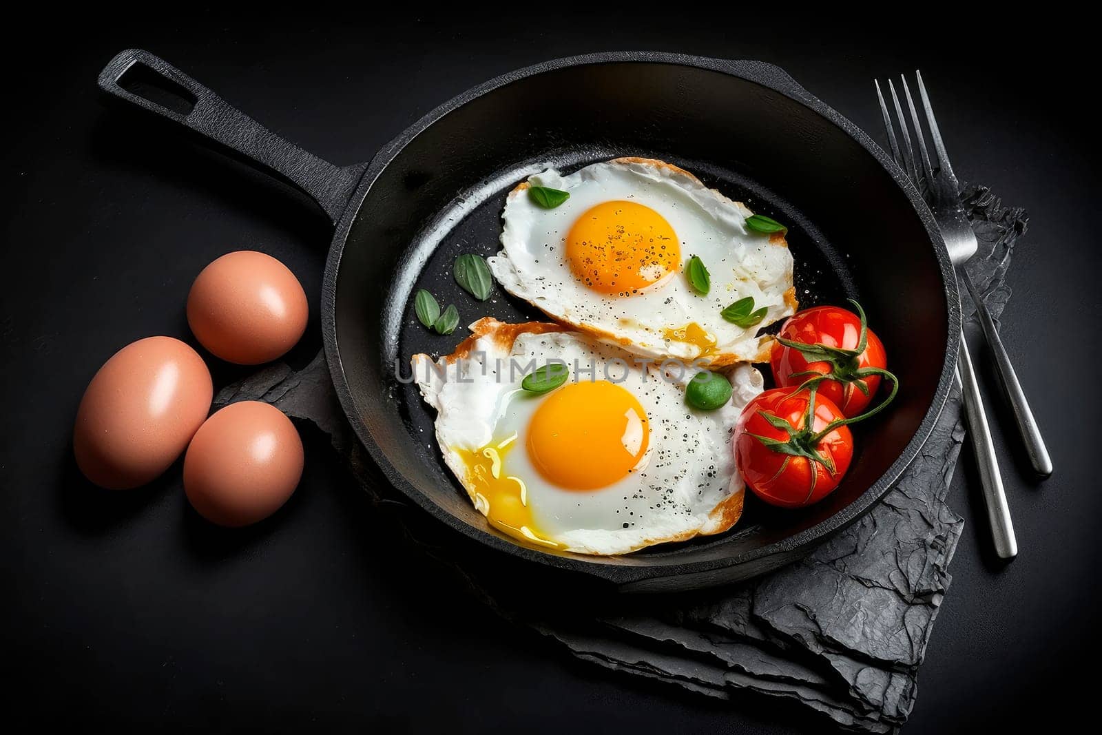 Fried eggs in a pan for breakfast studio photo of products, dark black background. Generative AI,