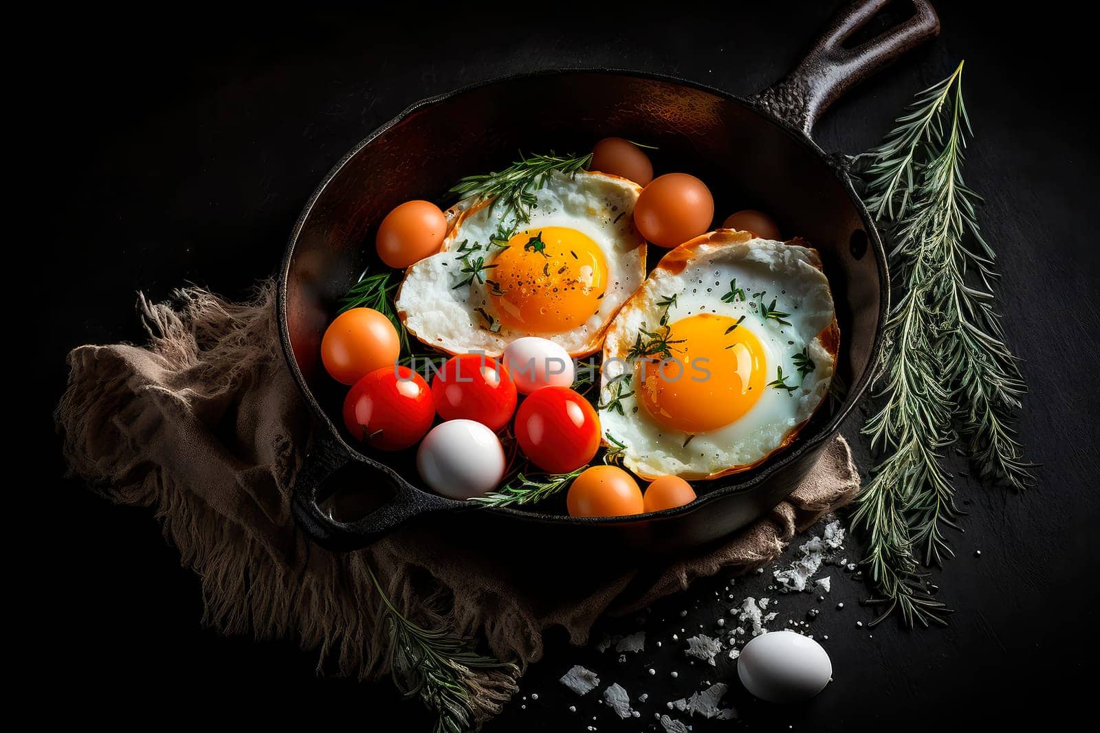 Fried eggs in a pan for breakfast studio photo of products, dark black background. by yanadjana
