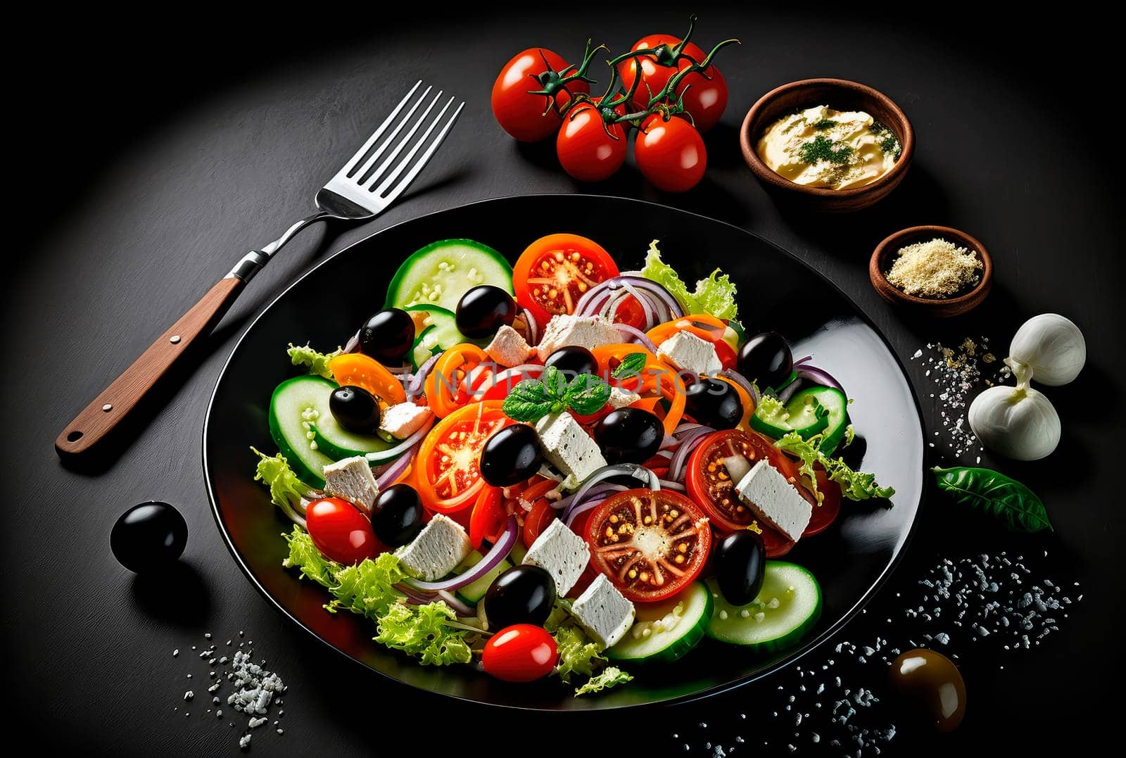 Greek salad, product studio photo, dark black background, fresh tomato and onion salad, Generative AI illustration,