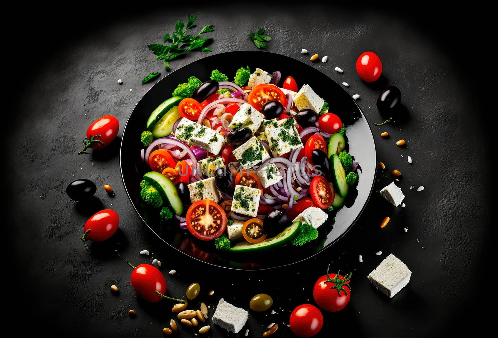 Greek salad, product studio photo, dark black background, fresh tomato and onion salad, Generative AI illustration,