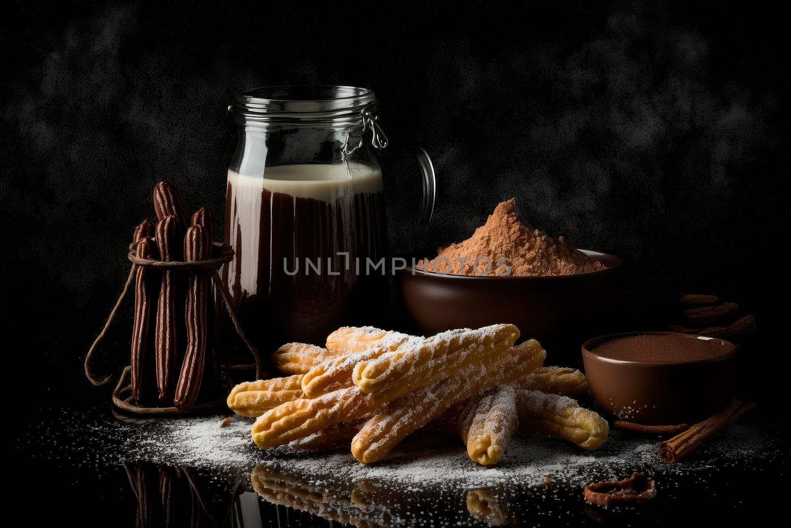 Churros and hot chocolate on a black background. Generative AI,