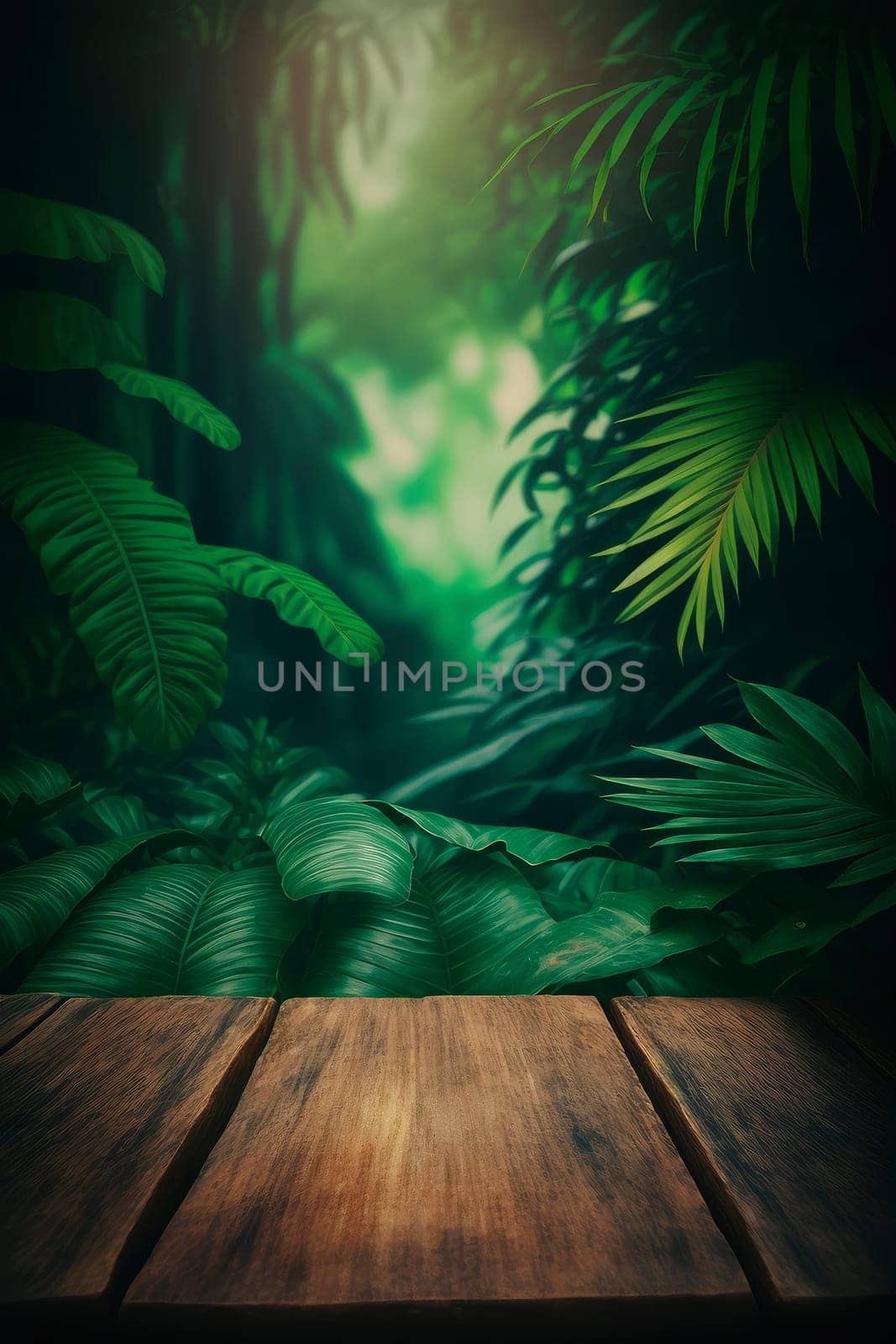 Created soft focus jungle background and wooden table. Generative AI,