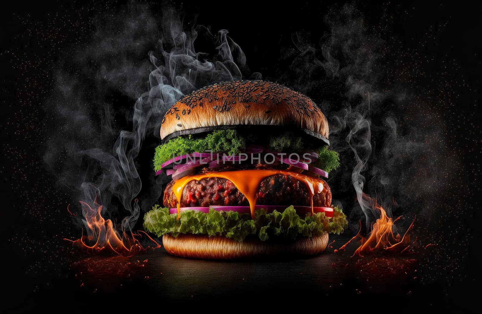 burger, product studio photo, dark black background, fresh tomato and onion salad, Generative AI illustration,
