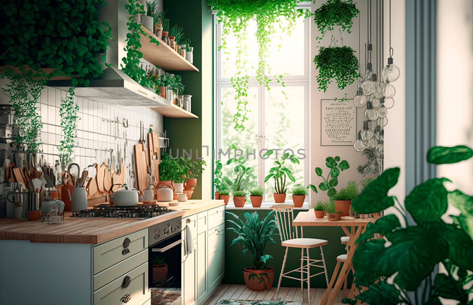 The interior of the kitchen is a lot of green plants. Generative AI,
