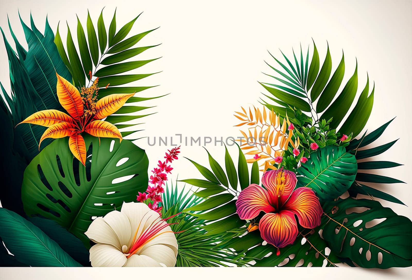 Background isolate with palm branches and tropical flowers. by yanadjana