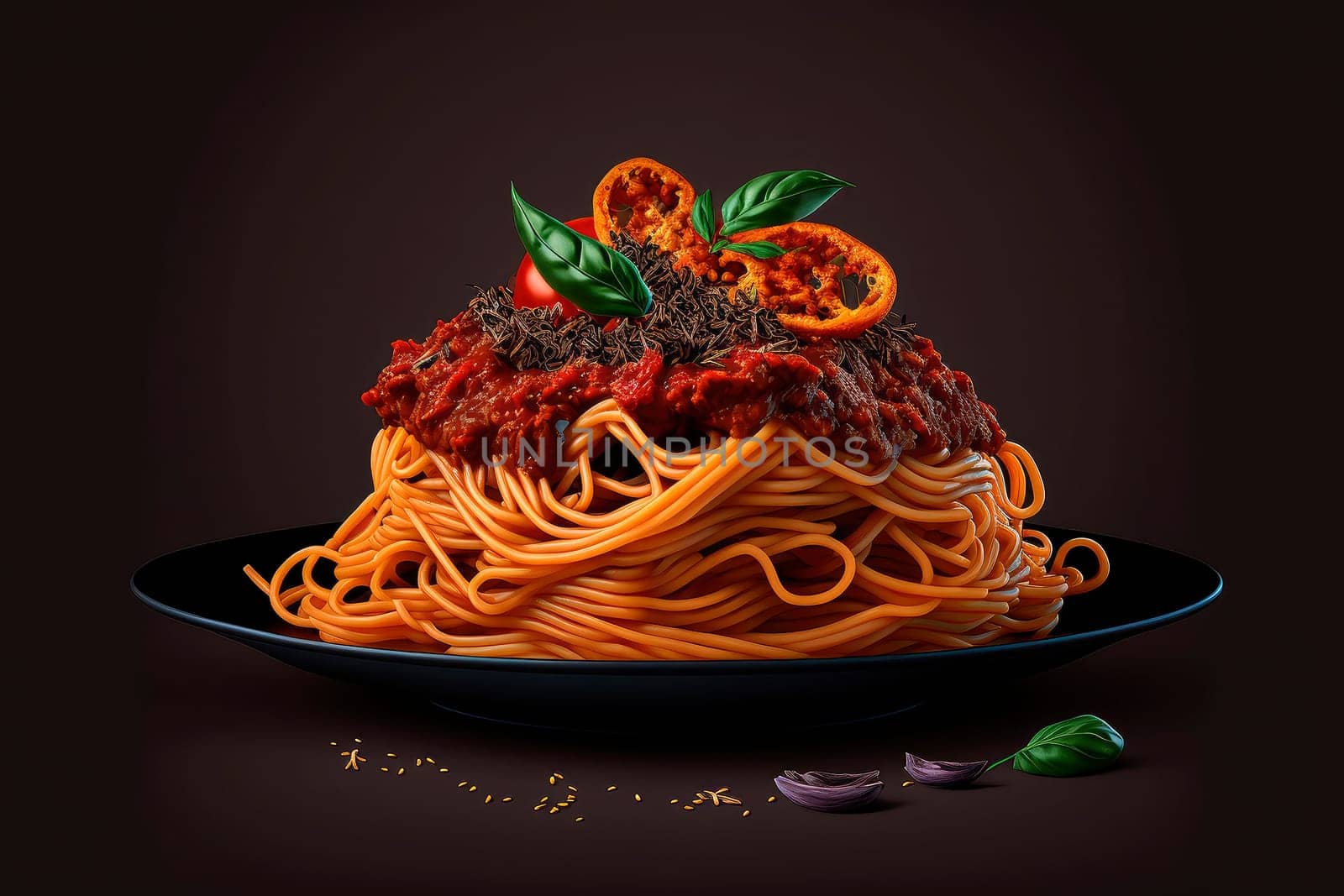 spaghetti bolognese studio food photo, dark black background. Generative AI,