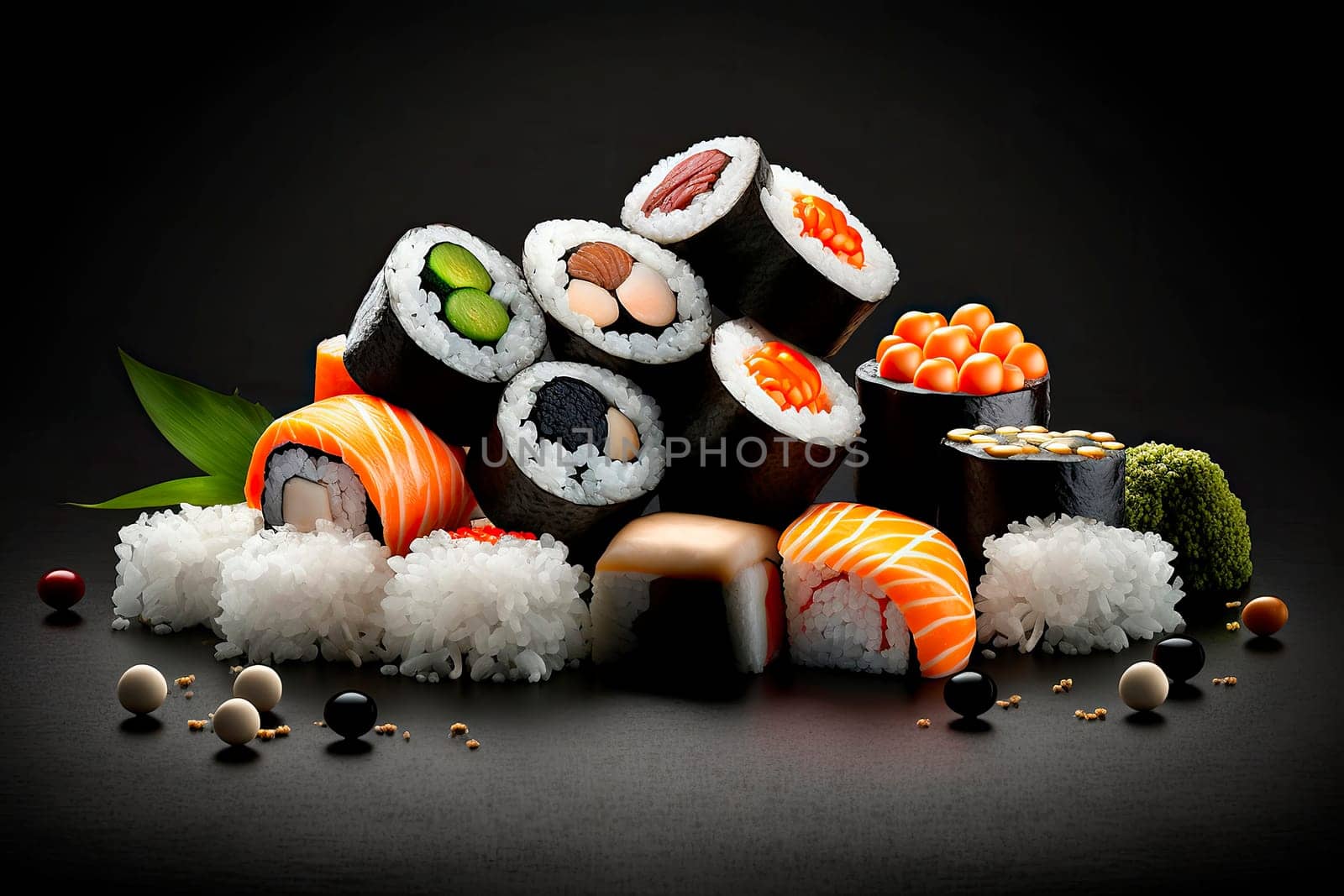 sushi and rolls studio photo of products, dark black background. by yanadjana