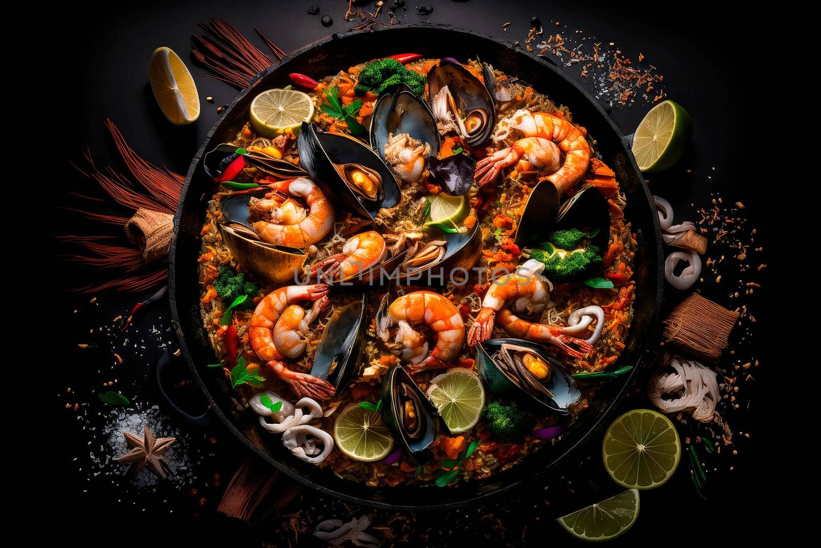 Paella with seafood on a black background. Generative AI,