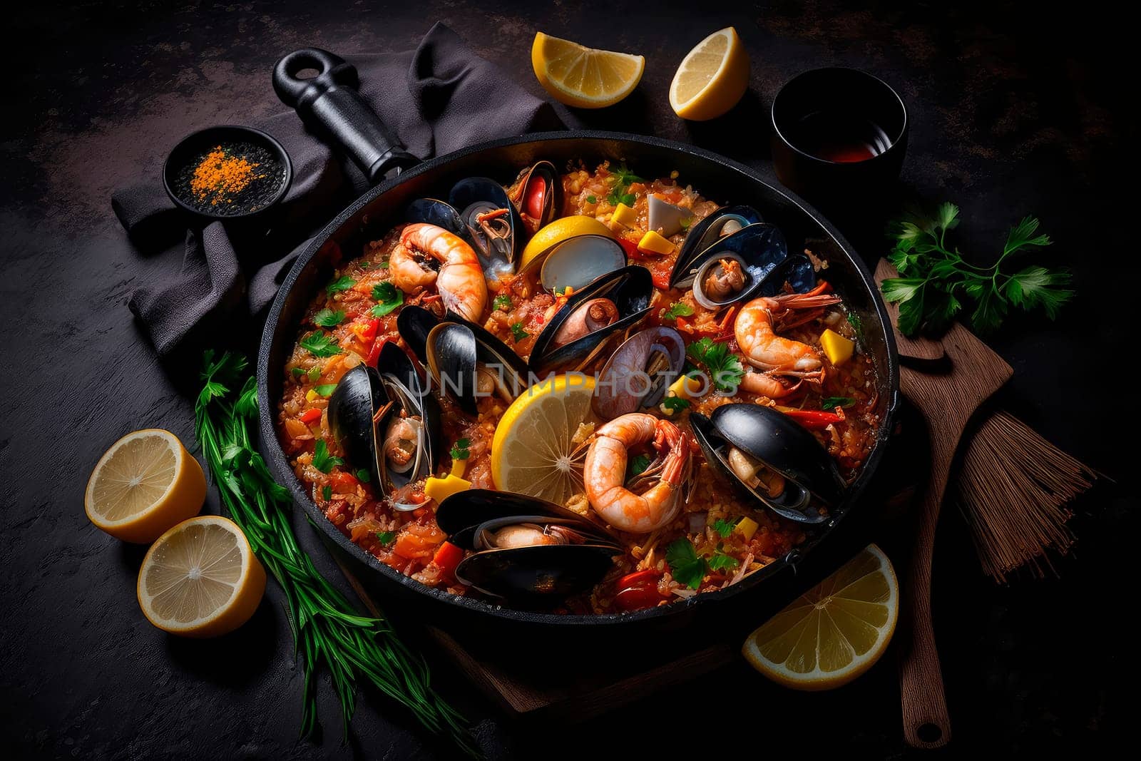Paella with seafood on a black background. Generative AI,