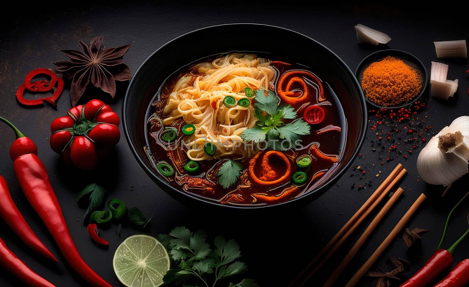 Ramen with vegetables and hot peppers in a plate on a black background. Generative AI,