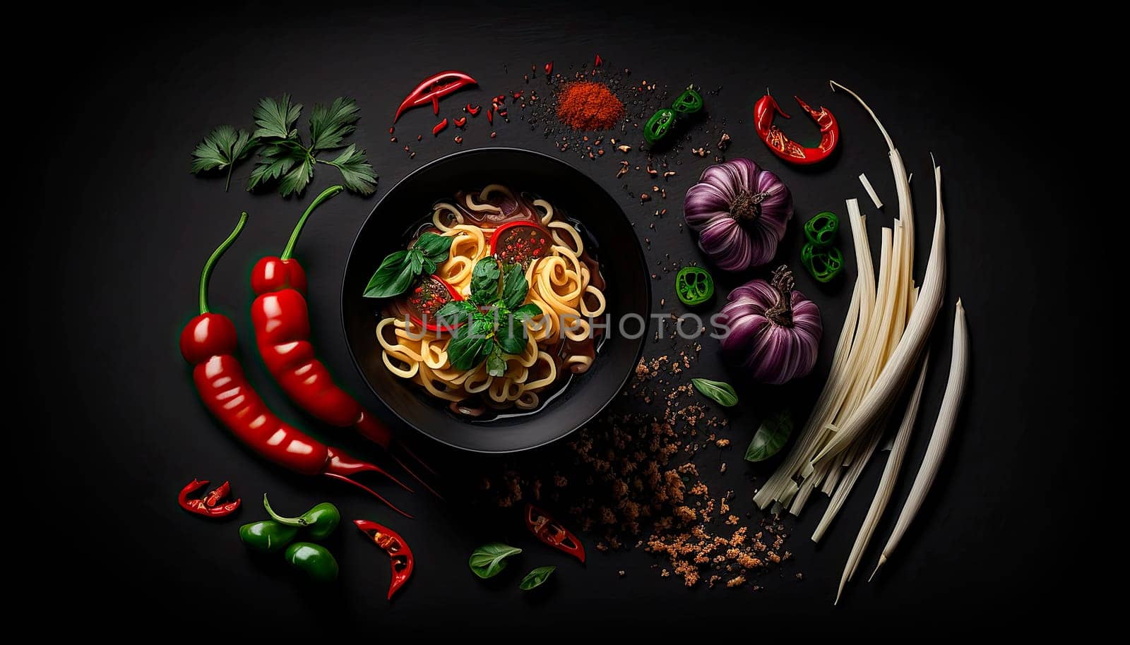 Ramen with vegetables and hot peppers in a plate on a black background. Generative AI,