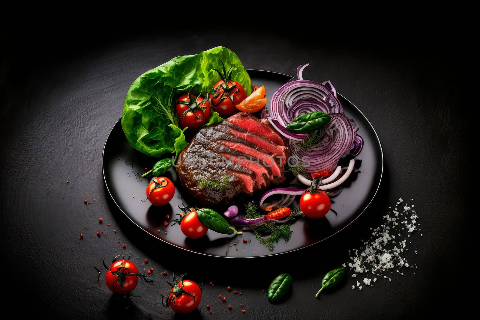 beef steak, product studio photo, dark black background, fresh tomato salad with onion, Generative AI illustration,