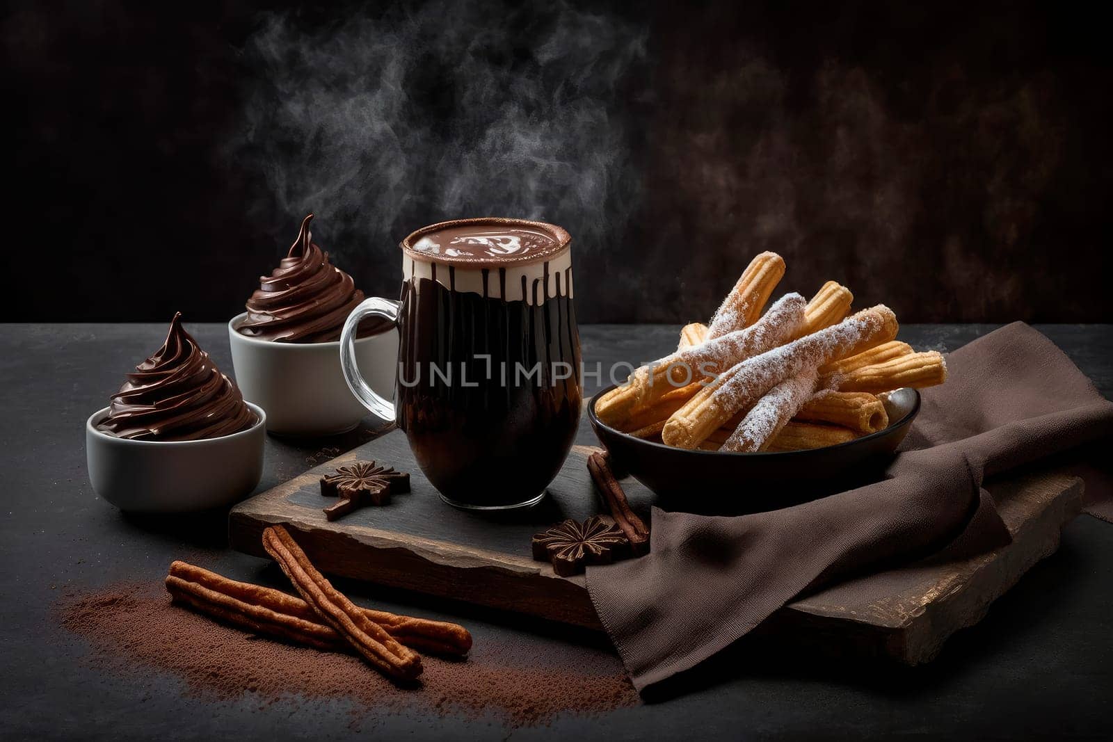 Churros and hot chocolate on a black background. Generative AI,
