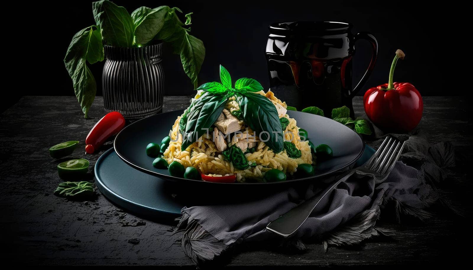 Rice with chicken risotto on a plate on a black background. by yanadjana