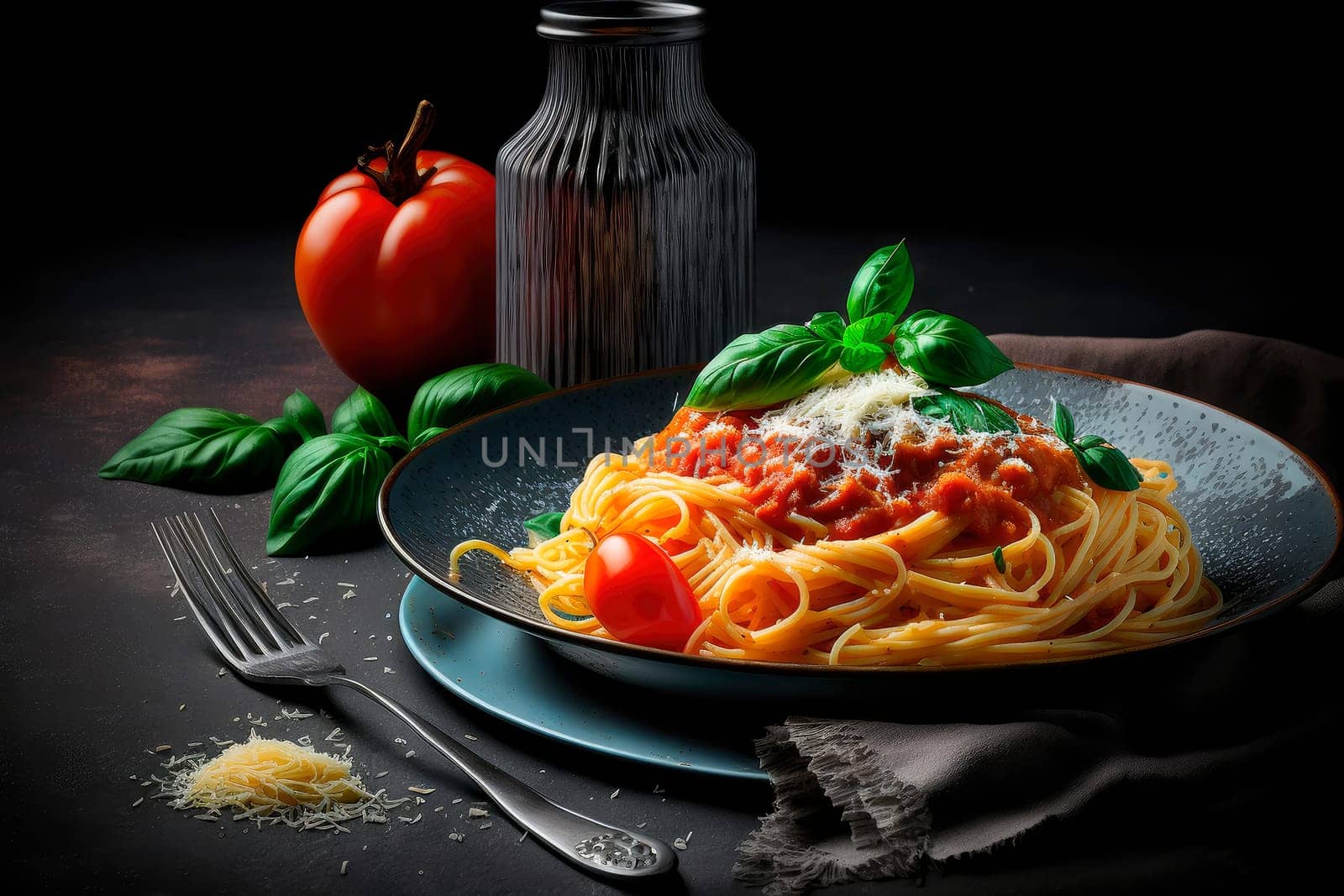 Spaghetti classic Italian pasta with tomatoes and cheese. Generative AI,