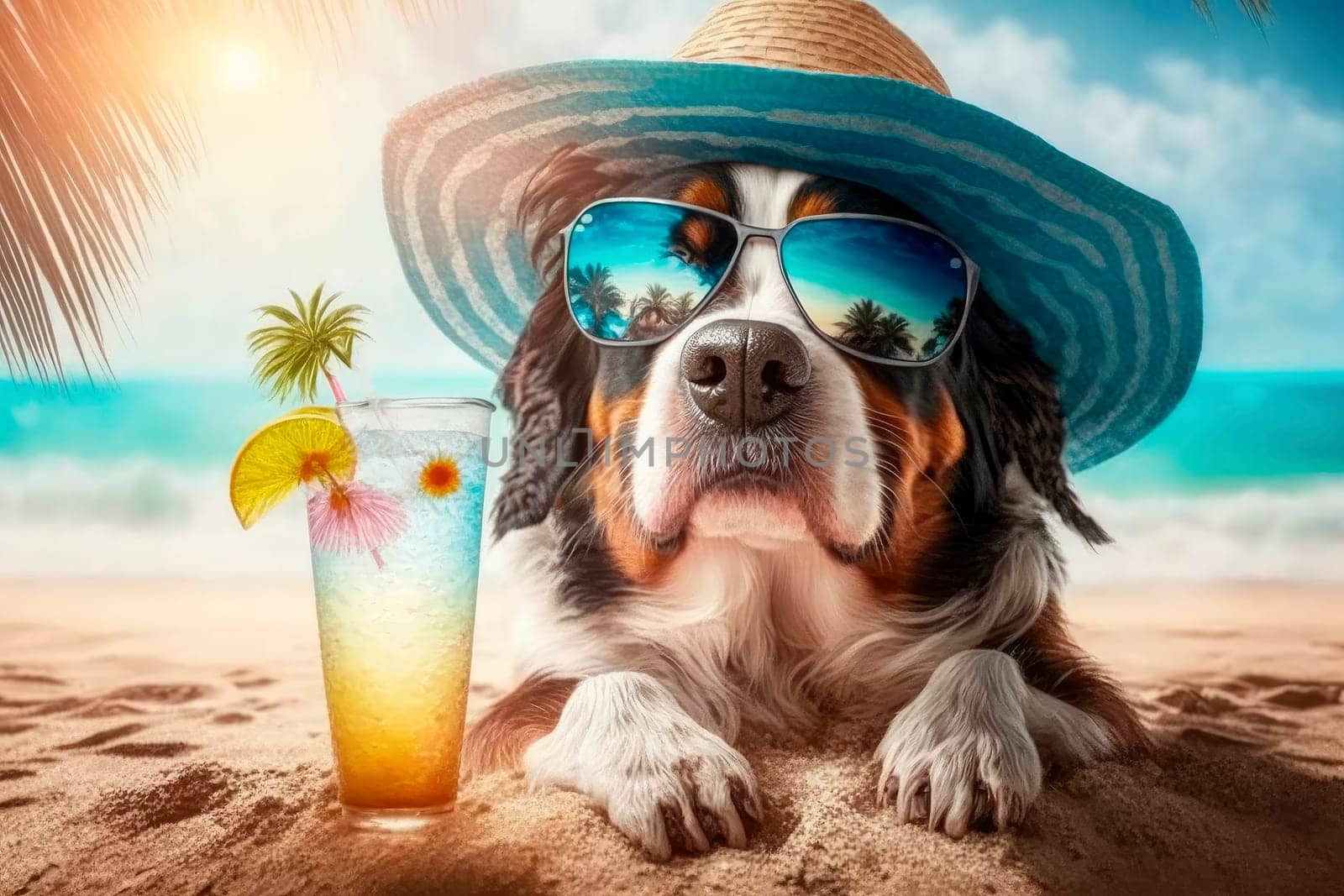 Dog on the beach with a cocktail. Generative AI,