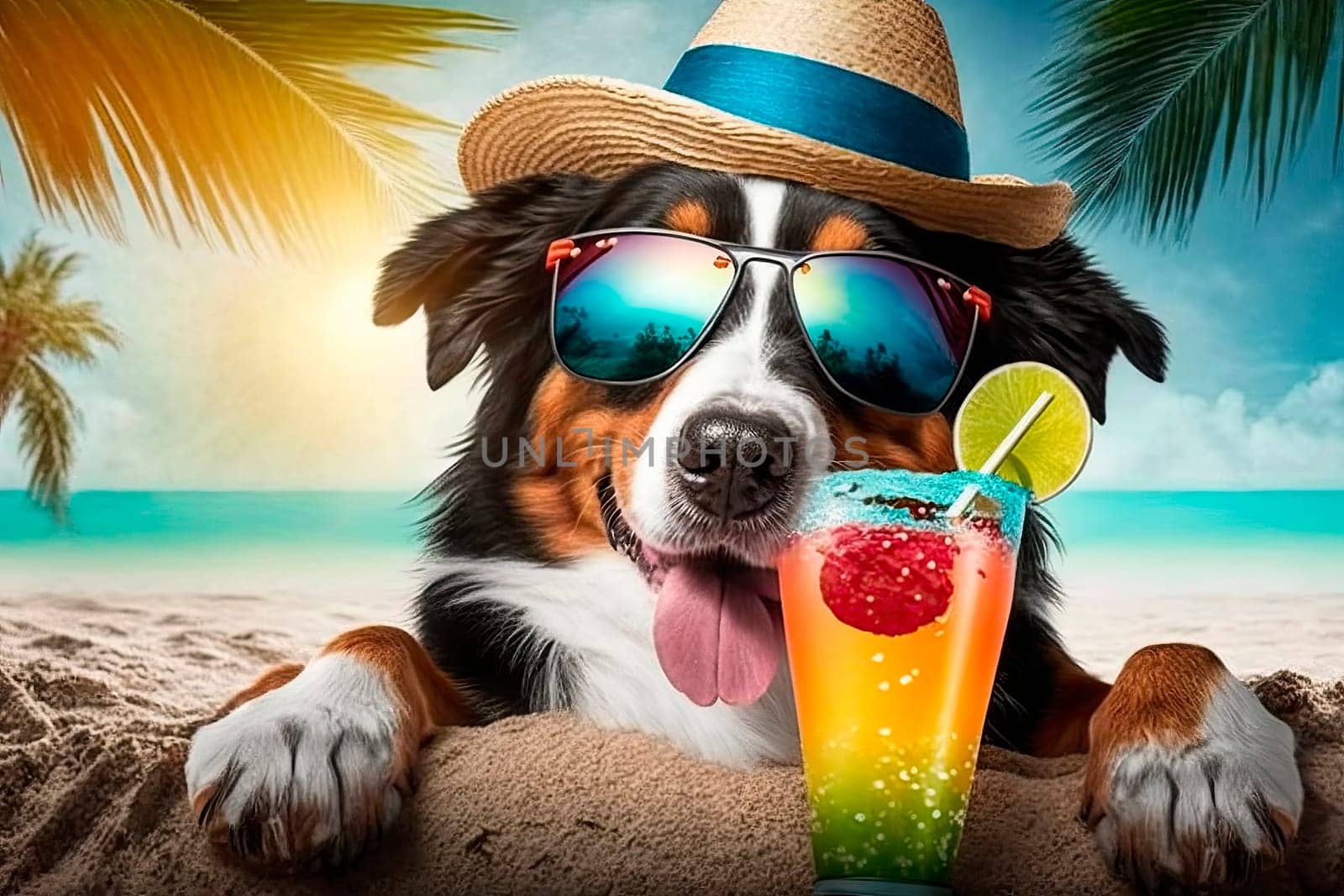 Dog on the beach with a cocktail. by yanadjana