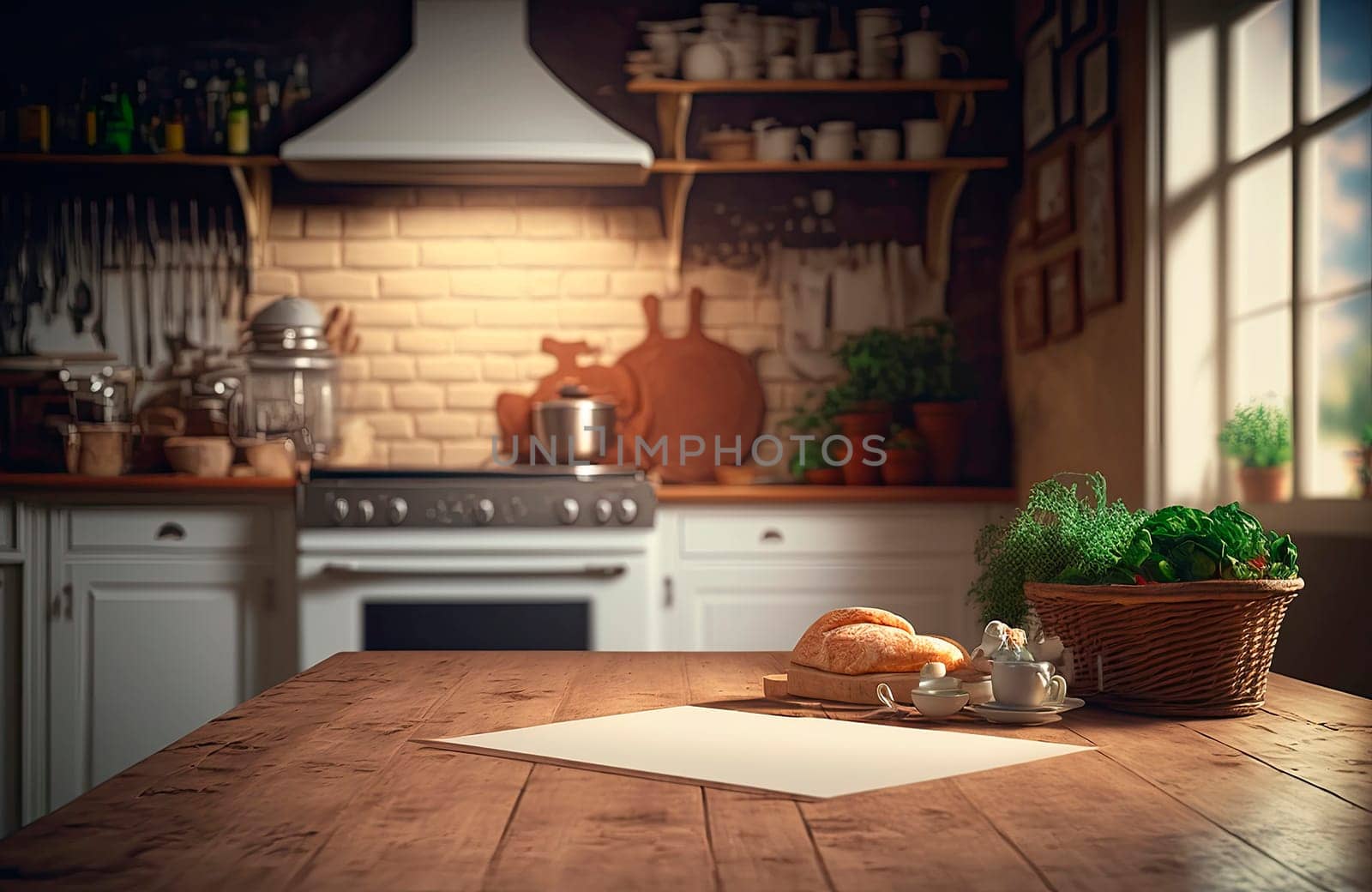 Wooden table foreground and blurred kitchen background. by yanadjana