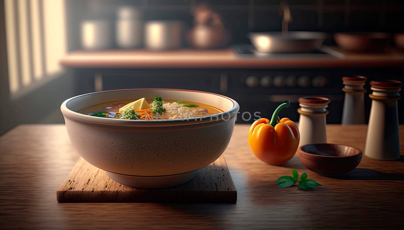 a bowl of hong kong style soup on the table in the kitchen during the day. Generative AI,