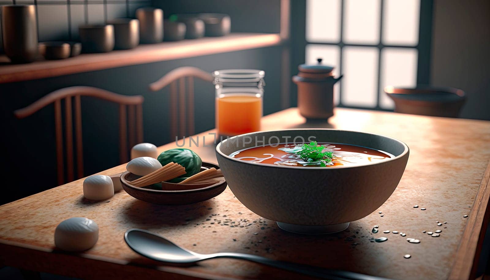 a bowl of hong kong style soup on the table in the kitchen during the day. by yanadjana
