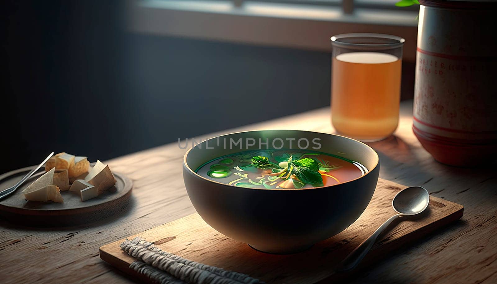 a bowl of hong kong style soup on the table in the kitchen during the day. Generative AI,
