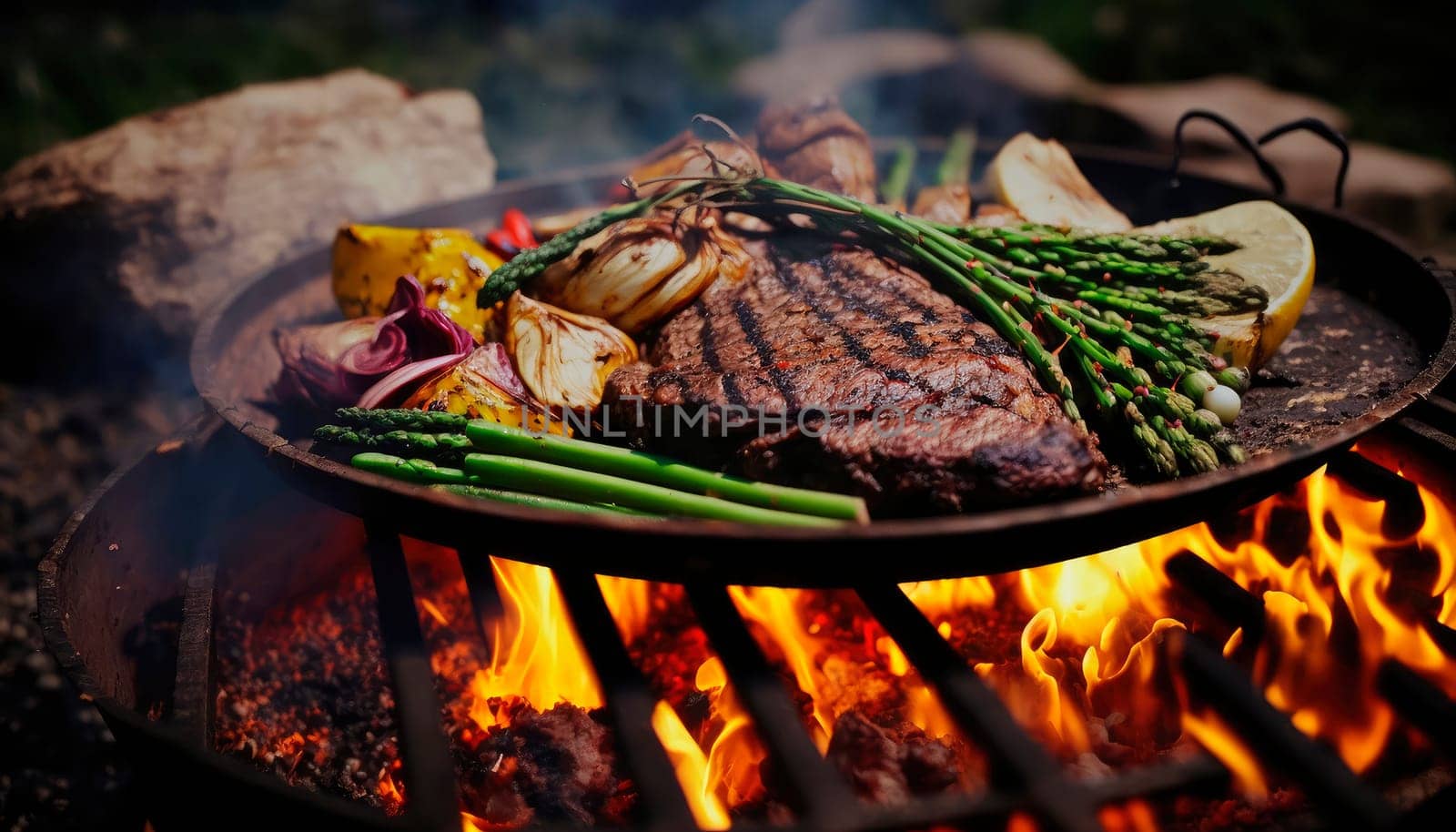 steak with vegetables is fried on coals on a black background. by yanadjana